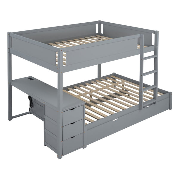 English Elm Full-over-full Bunk Bed with Trundle Desk Drawers and Built-in Power for Kids Gray LT000364AAE