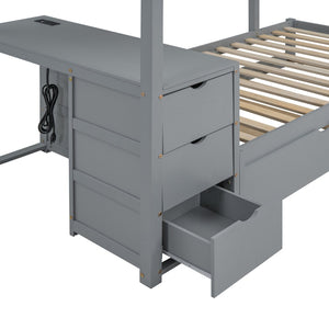 English Elm Twin-over-twin Bunk Bed with Trundle Built-in Desk Storage Drawers and Power Outlets Gray LT000363AAE-1