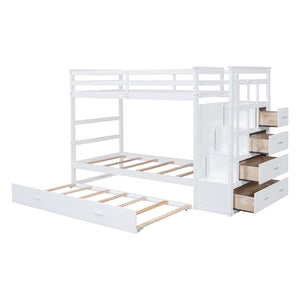 English Elm Twin Bunk Bed with Trundle Staircase Storage Drawers Solid Pine Kids Room LT000068AAK-1