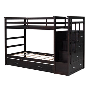 English Elm Twin Bunk Bed with Trundle Staircase Storage Drawers Solid Pine Kids Room LT000068AAP-1