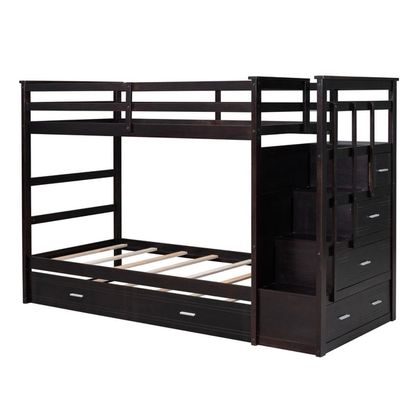 English Elm Twin Bunk Bed with Trundle Staircase Storage Drawers Solid Pine Kids Room LT000068AAP-1