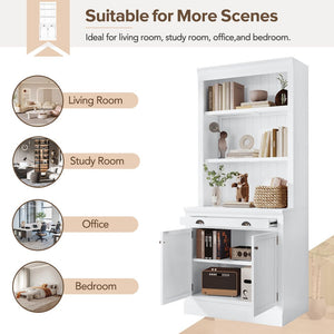 English Elm 83.4"Tall Bookcase with 3 LED Lights, Modern White Bookshelf with 2 Doors 1 Drawer & Adjustable Shelves SR000002AAK