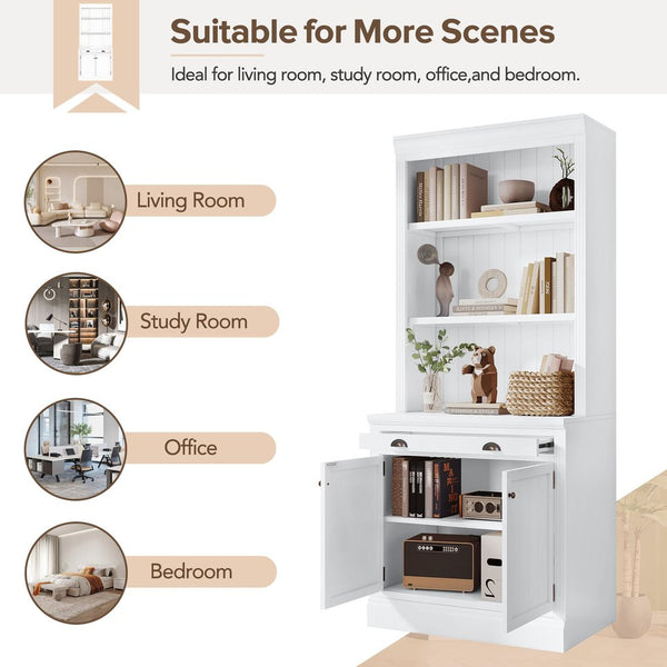 English Elm 83.4"Tall Bookcase with 3 LED Lights, Modern White Bookshelf with 2 Doors 1 Drawer & Adjustable Shelves SR000002AAK
