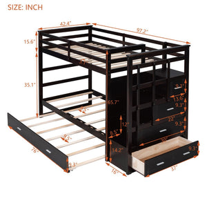 English Elm Twin Bunk Bed with Trundle Staircase Storage Drawers Solid Pine Kids Room LT000068AAP-1
