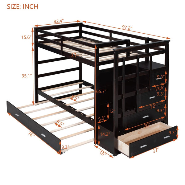 English Elm Twin Bunk Bed with Trundle Staircase Storage Drawers Solid Pine Kids Room LT000068AAP-1
