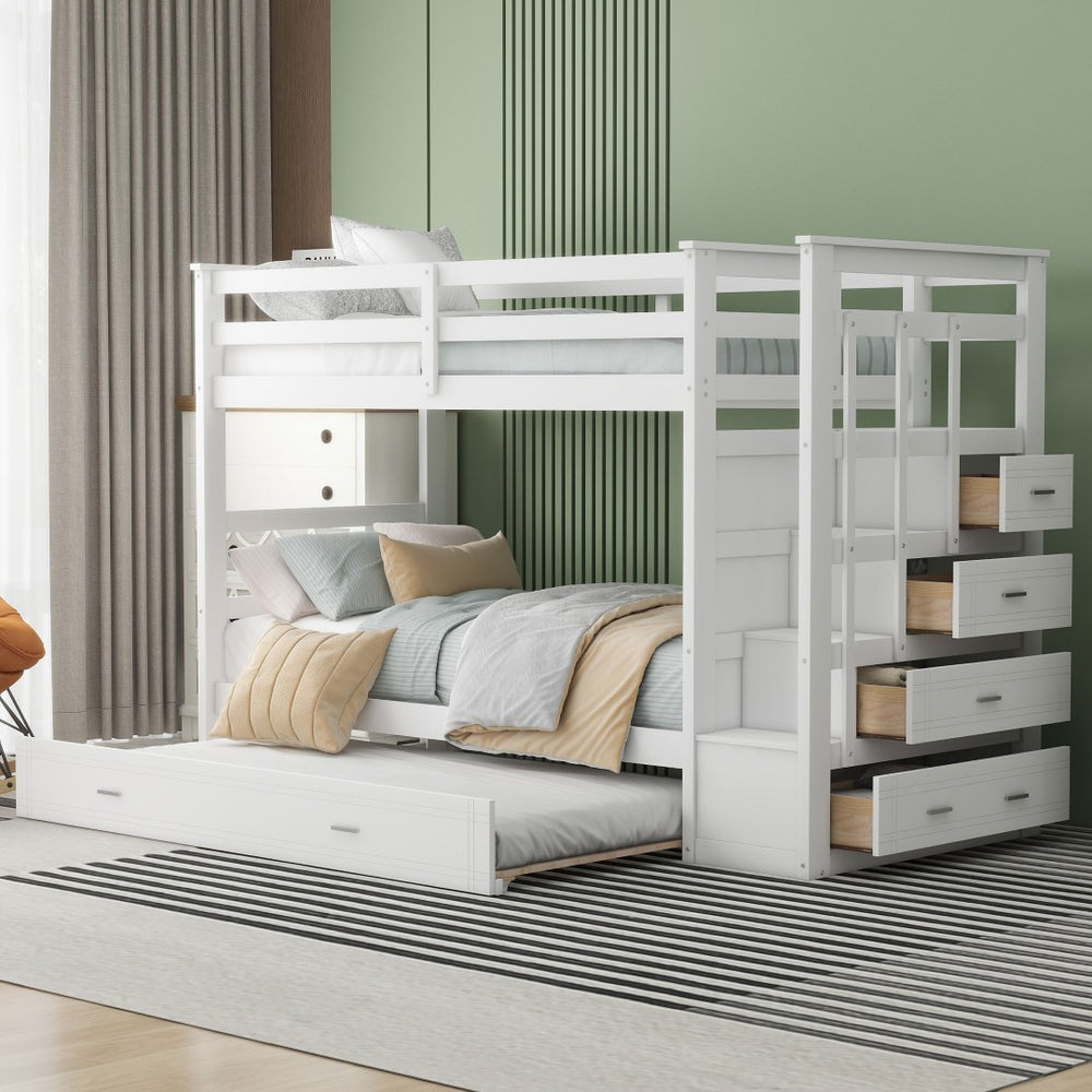 English Elm Twin Bunk Bed with Trundle Staircase Storage Drawers Solid Pine Kids Room LT000068AAK-1