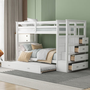 English Elm Twin Bunk Bed with Trundle Staircase Storage Drawers Solid Pine Kids Room LT000068AAK-1