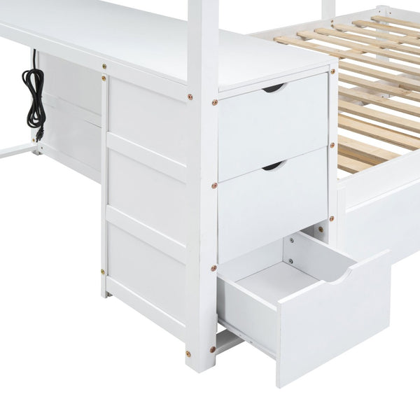 English Elm Full-over-full Bunk Bed with Trundle Desk Drawers and Built-in Power for Kids LT000364AAK