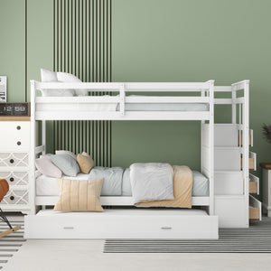English Elm Twin Bunk Bed with Trundle Staircase Storage Drawers Solid Pine Kids Room LT000068AAK-1