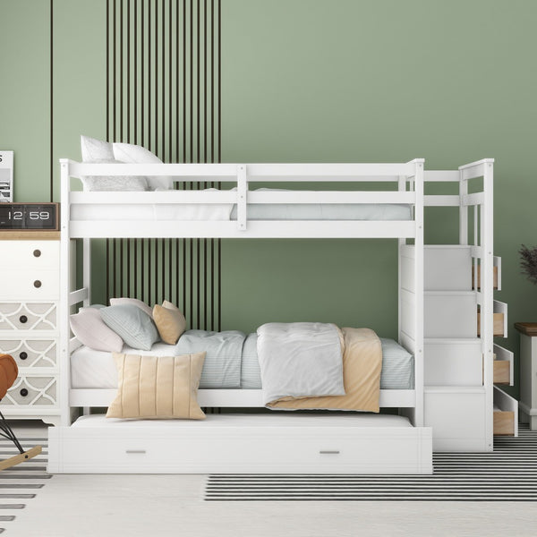 English Elm Twin Bunk Bed with Trundle Staircase Storage Drawers Solid Pine Kids Room LT000068AAK-1