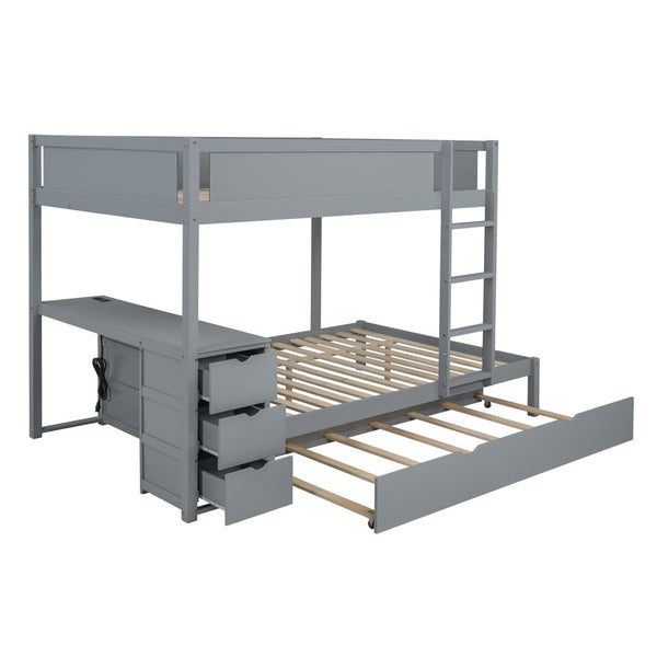 English Elm Full-over-full Bunk Bed with Trundle Desk Drawers and Built-in Power for Kids Gray LT000364AAE-1