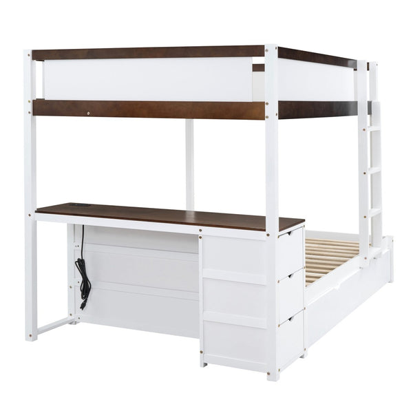 English Elm Full-over-full Bunk Bed with Trundle Desk Drawers and Built-in Power for Kids LT000364AAD-1