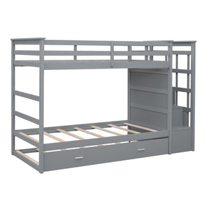 English Elm Twin Bunk Bed with Trundle Staircase Storage Drawers Solid Pine Kids Room LT000068AAE-1
