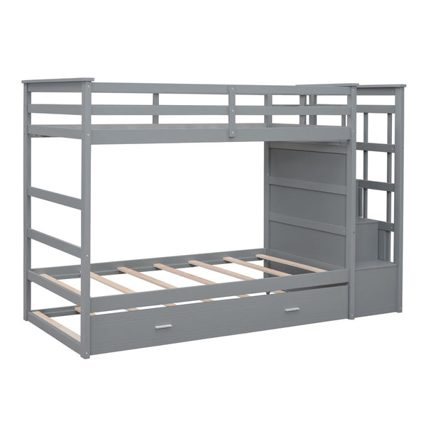 English Elm Twin Bunk Bed with Trundle Staircase Storage Drawers Solid Pine Kids Room LT000068AAE-1