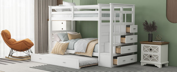 English Elm Twin Bunk Bed with Trundle Staircase Storage Drawers Solid Pine Kids Room LT000068AAK-1