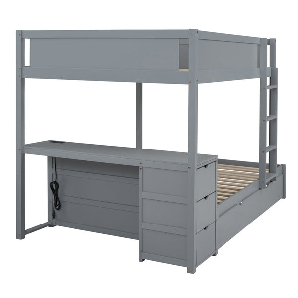 English Elm Full-over-full Bunk Bed with Trundle Desk Drawers and Built-in Power for Kids Gray LT000364AAE