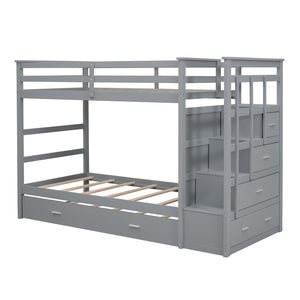 English Elm Twin Bunk Bed with Trundle Staircase Storage Drawers Solid Pine Kids Room LT000068AAE-1