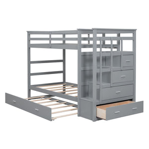 English Elm Twin Bunk Bed with Trundle Staircase Storage Drawers Solid Pine Kids Room LT000068AAE-1