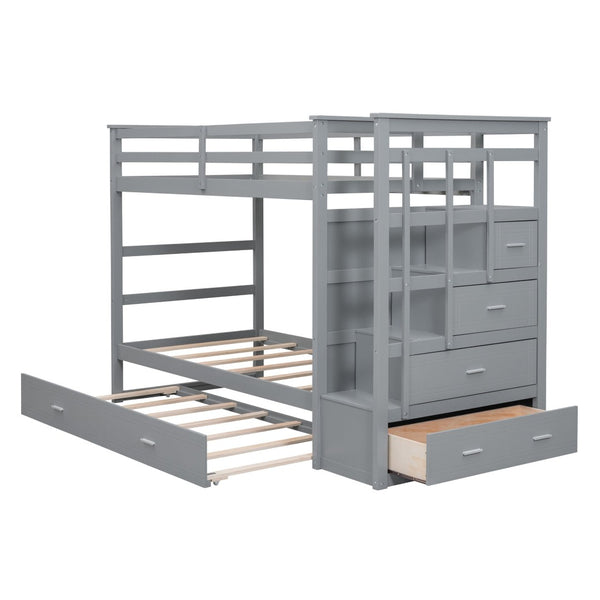 English Elm Twin Bunk Bed with Trundle Staircase Storage Drawers Solid Pine Kids Room LT000068AAE-1