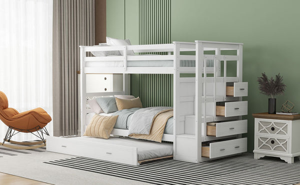 English Elm Twin Bunk Bed with Trundle Staircase Storage Drawers Solid Pine Kids Room LT000068AAK-1