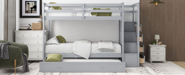English Elm Twin Bunk Bed with Trundle Staircase Storage Drawers Solid Pine Kids Room LT000068AAE-1