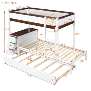 English Elm Twin-over-twin Bunk Bed with Trundle Built-in Desk Storage Drawers and Power Outlets White+Walnut LT000363AAD-1