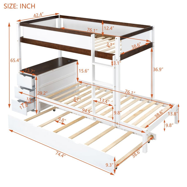 English Elm Twin-over-twin Bunk Bed with Trundle Built-in Desk Storage Drawers and Power Outlets White+Walnut LT000363AAD-1