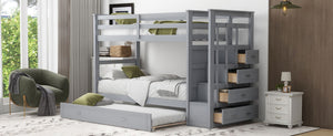English Elm Twin Bunk Bed with Trundle Staircase Storage Drawers Solid Pine Kids Room LT000068AAE-1