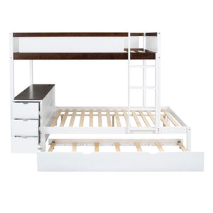 English Elm Full-over-full Bunk Bed with Trundle Desk Drawers and Built-in Power for Kids White+Walnut LT000364AAD