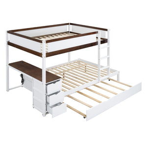 English Elm Full-over-full Bunk Bed with Trundle Desk Drawers and Built-in Power for Kids White+Walnut LT000364AAD