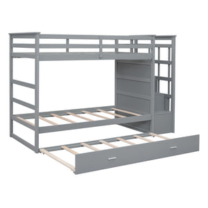 English Elm Twin Bunk Bed with Trundle Staircase Storage Drawers Solid Pine Kids Room LT000068AAE-1