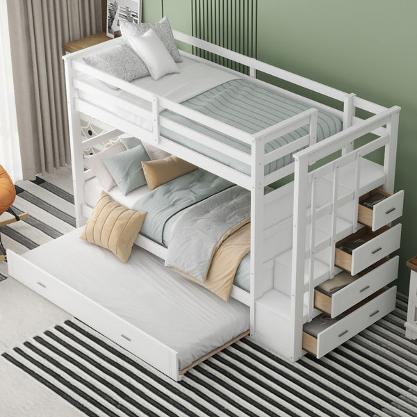 English Elm Twin Bunk Bed with Trundle Staircase Storage Drawers Solid Pine Kids Room LT000068AAK-1