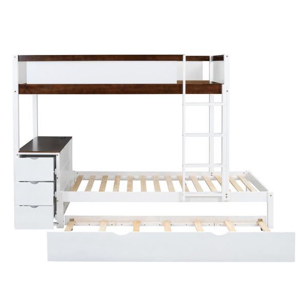 English Elm Twin-over-twin Bunk Bed with Trundle Built-in Desk Storage Drawers and Power Outlets White+Walnut LT000363AAD
