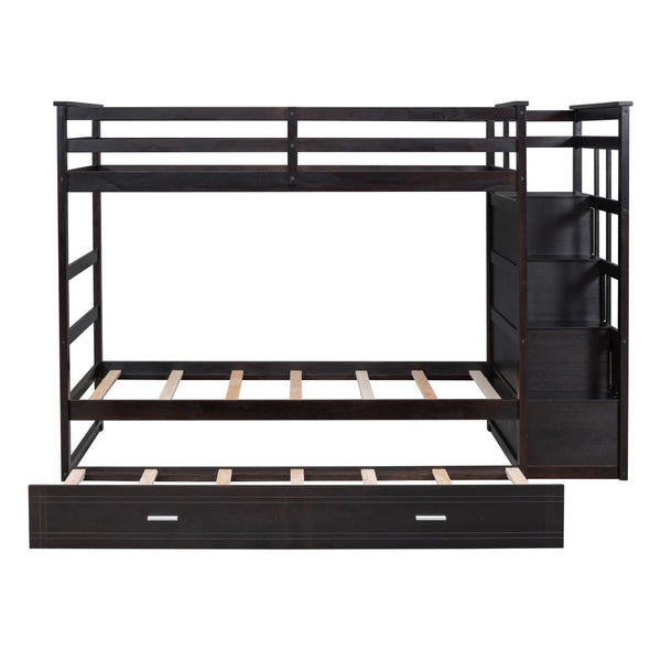 English Elm Twin Bunk Bed with Trundle Staircase Storage Drawers Solid Pine Kids Room LT000068AAP-1