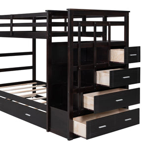 English Elm Twin Bunk Bed with Trundle Staircase Storage Drawers Solid Pine Kids Room LT000068AAP-1
