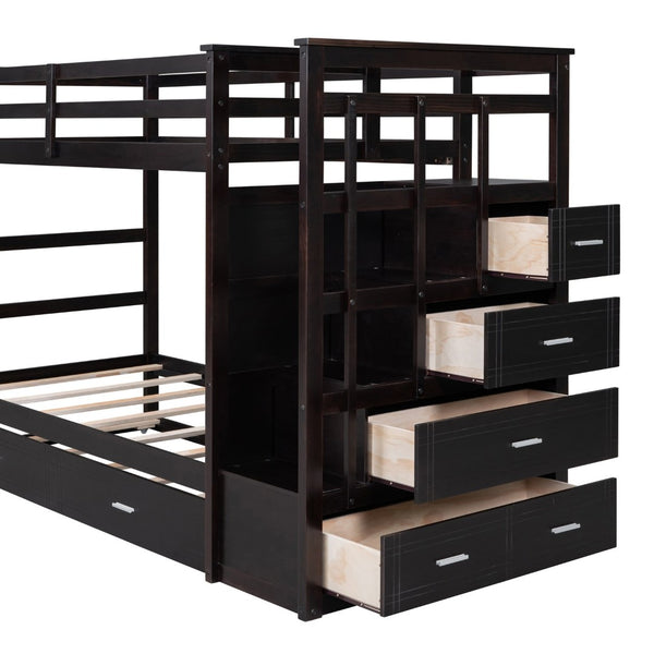 English Elm Twin Bunk Bed with Trundle Staircase Storage Drawers Solid Pine Kids Room LT000068AAP-1