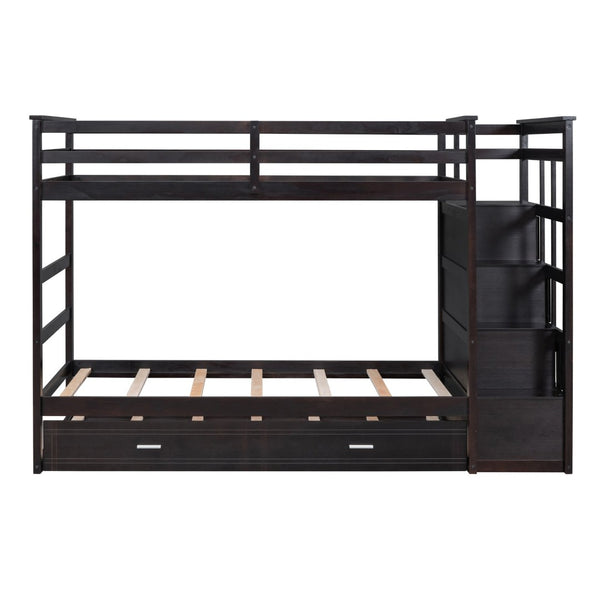 English Elm Twin Bunk Bed with Trundle Staircase Storage Drawers Solid Pine Kids Room LT000068AAP-1