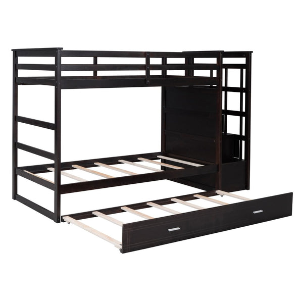 English Elm Twin Bunk Bed with Trundle Staircase Storage Drawers Solid Pine Kids Room LT000068AAP-1
