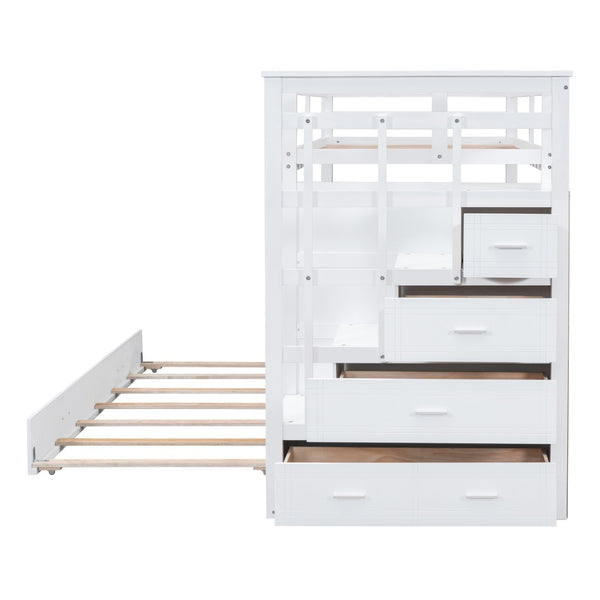 English Elm Twin Bunk Bed with Trundle Staircase Storage Drawers Solid Pine Kids Room LT000068AAK-1