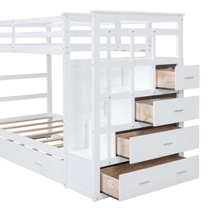 English Elm Twin Bunk Bed with Trundle Staircase Storage Drawers Solid Pine Kids Room LT000068AAK-1