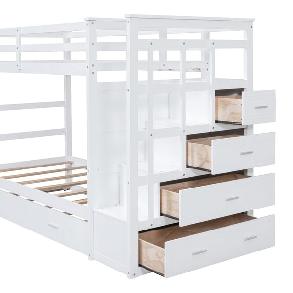 English Elm Twin Bunk Bed with Trundle Staircase Storage Drawers Solid Pine Kids Room LT000068AAK-1