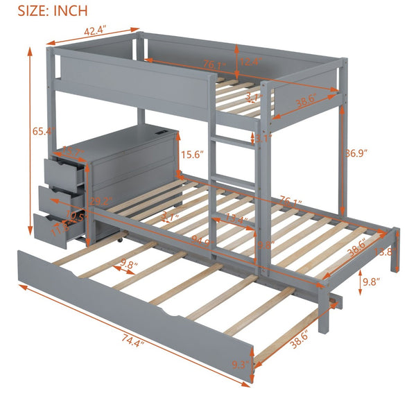 English Elm Twin-over-twin Bunk Bed with Trundle Built-in Desk Storage Drawers and Power Outlets Gray LT000363AAE-1
