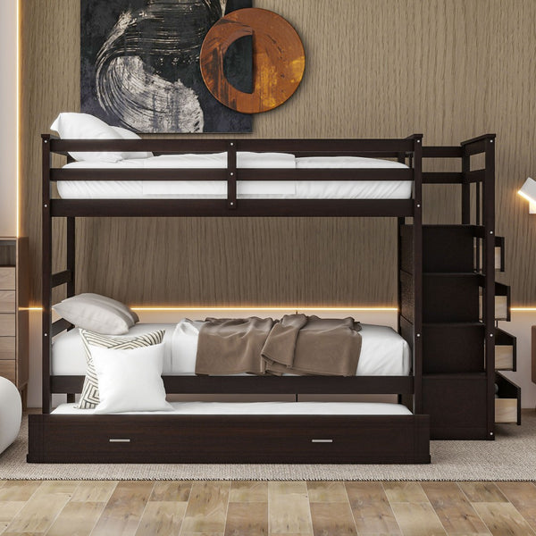 English Elm Twin Bunk Bed with Trundle Staircase Storage Drawers Solid Pine Kids Room LT000068AAP-1