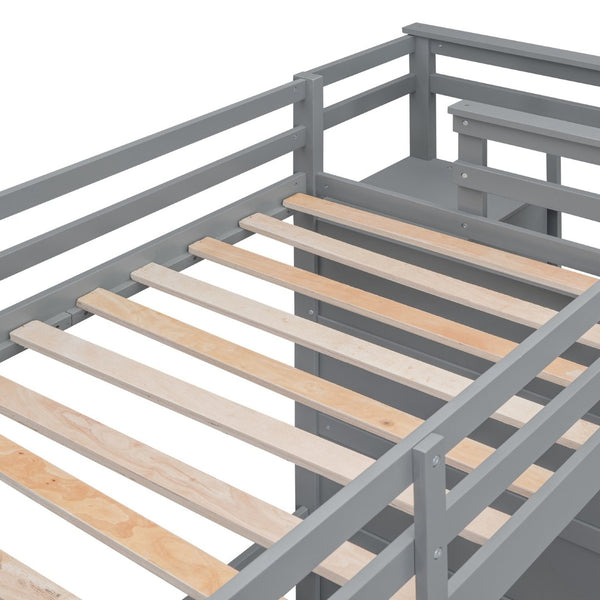 English Elm Twin Bunk Bed with Trundle Staircase Storage Drawers Solid Pine Kids Room LT000068AAE-1
