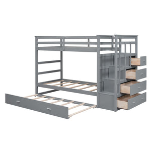 English Elm Twin Bunk Bed with Trundle Staircase Storage Drawers Solid Pine Kids Room LT000068AAE-1