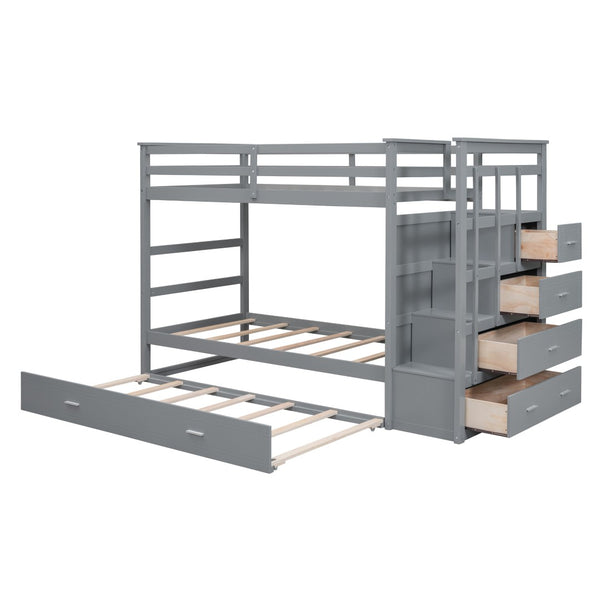 English Elm Twin Bunk Bed with Trundle Staircase Storage Drawers Solid Pine Kids Room LT000068AAE-1