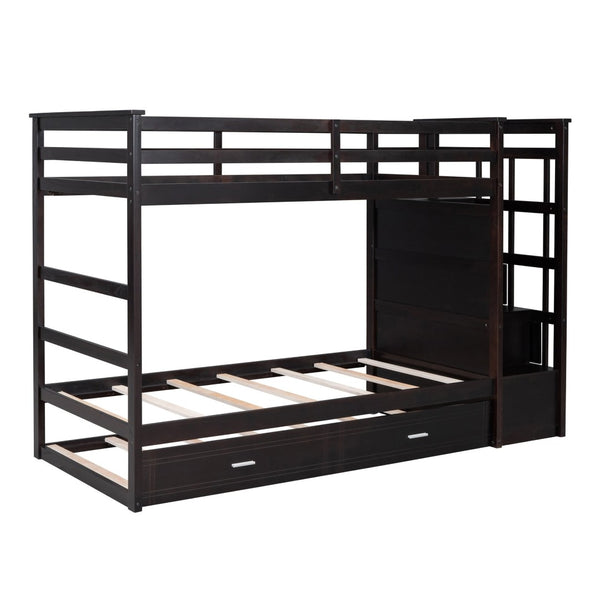 English Elm Twin Bunk Bed with Trundle Staircase Storage Drawers Solid Pine Kids Room LT000068AAP-1