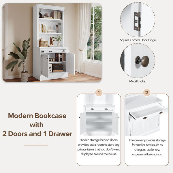 English Elm 83.4"Tall Bookcase with 3 LED Lights, Modern White Bookshelf with 2 Doors 1 Drawer & Adjustable Shelves SR000002AAK