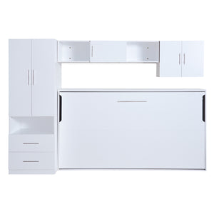 English Elm Twin Murphy Bed with Shelves Drawers Wardrobe & Fold-Down Desk White — Space-Saving Modern Guest Solution GX002022AAK