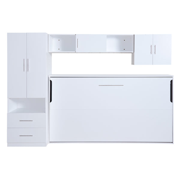 English Elm Twin Murphy Bed with Shelves Drawers Wardrobe & Fold-Down Desk White — Space-Saving Modern Guest Solution GX002022AAK